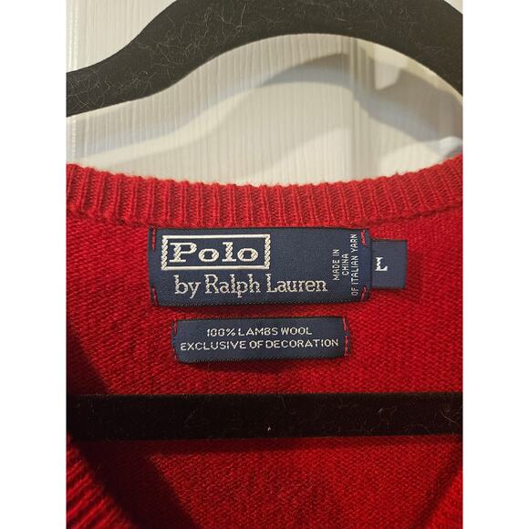 Vintage Polo Ralph Lauren Lambswool Sweater Mens Large Red V-Neck Navy Pony Logo - Picture 2 of 5